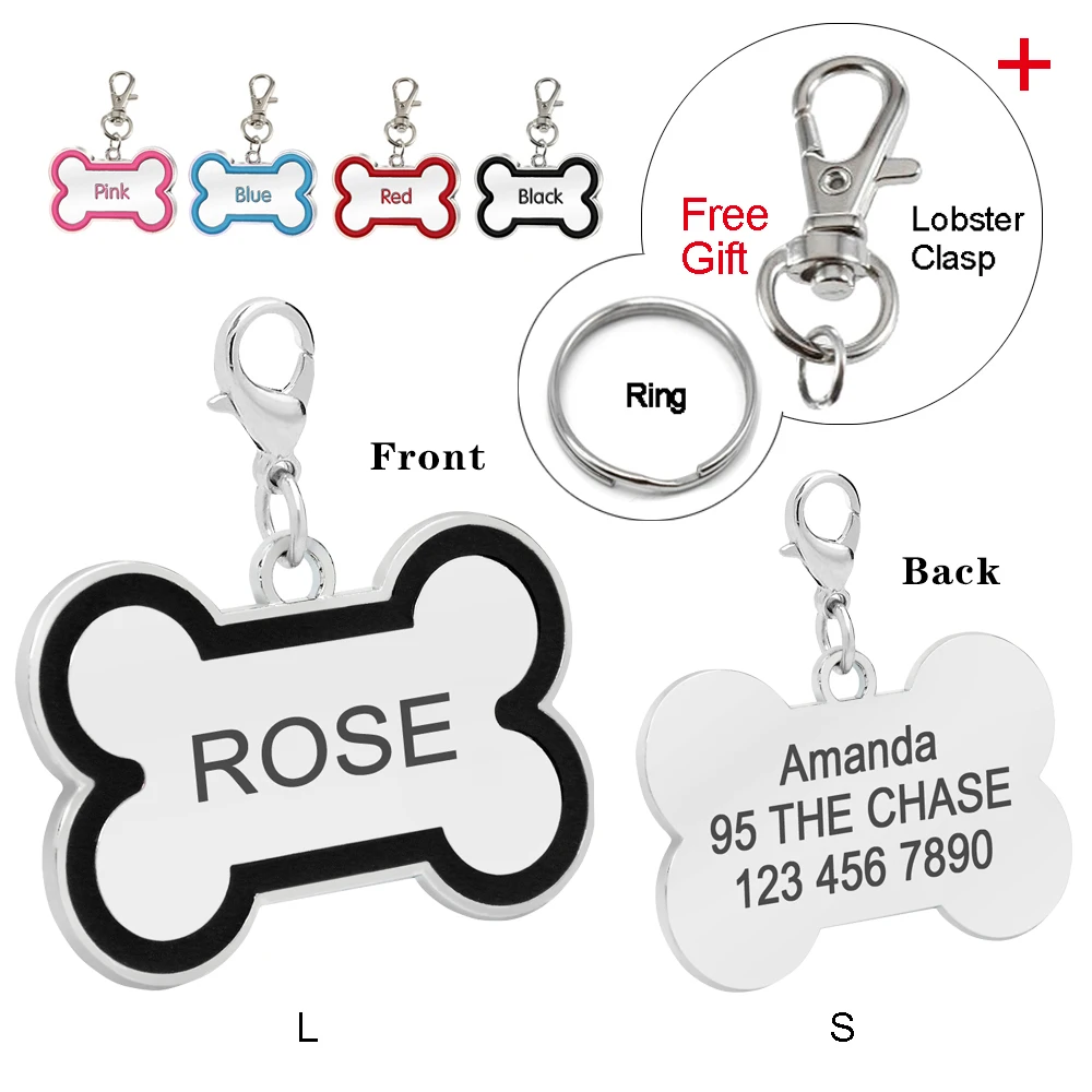 

Bone Shape Custom Dog Name Tag Personalized Engraved Pet Dogs ID Tags Free Engraving Gift Hook Pink Blue Black Red Colors S/L