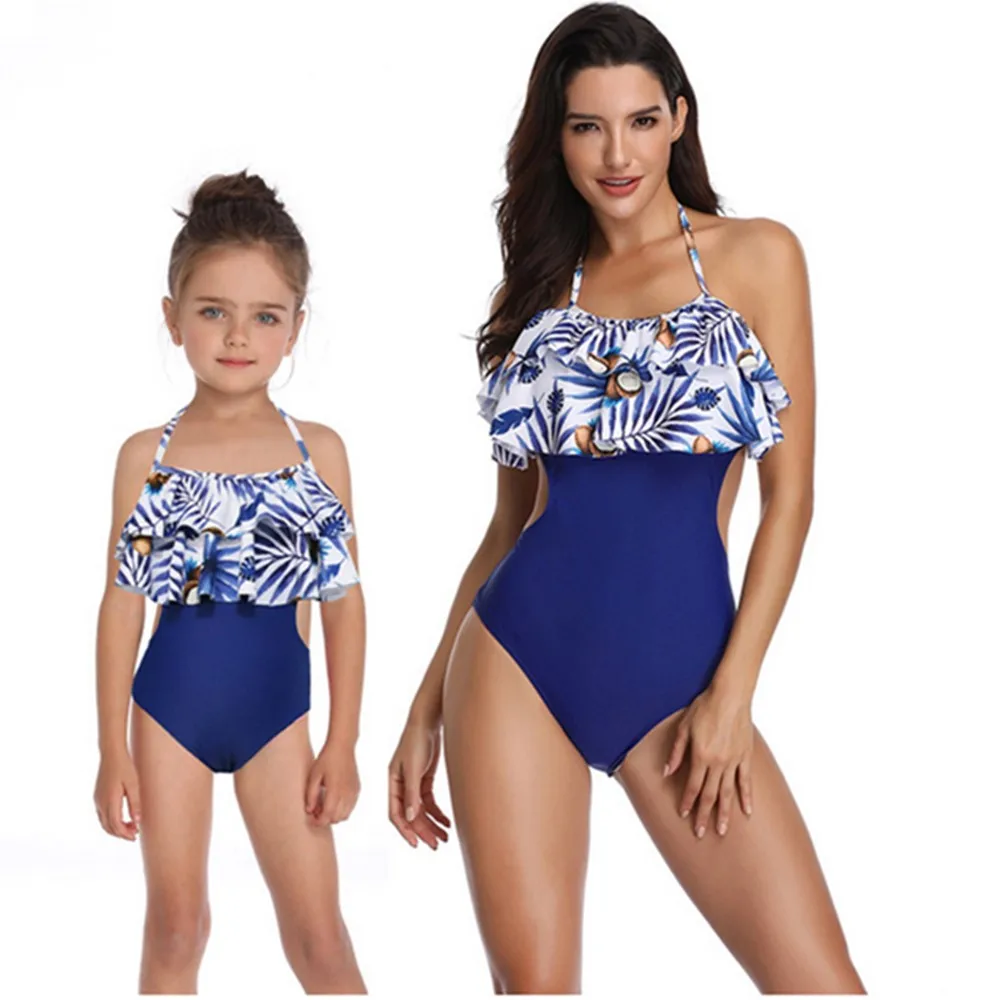 Мама-ребенок Купальник 2019 Женский Девочки Цветочная Печать Оборка Пляжная Одежда Без спины Купальный костюм бикини Новый.