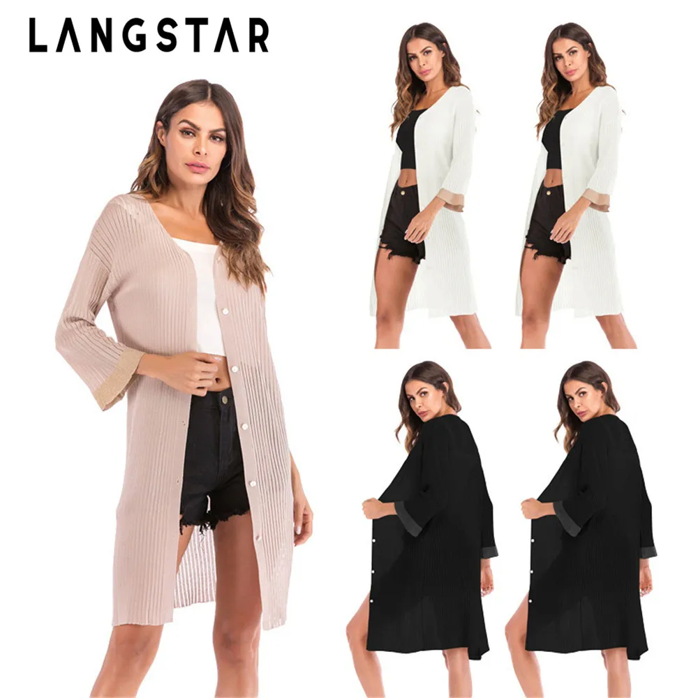 LANGSTAR осенний кардиган женский свободный свитер с длинным рукавом вязаный