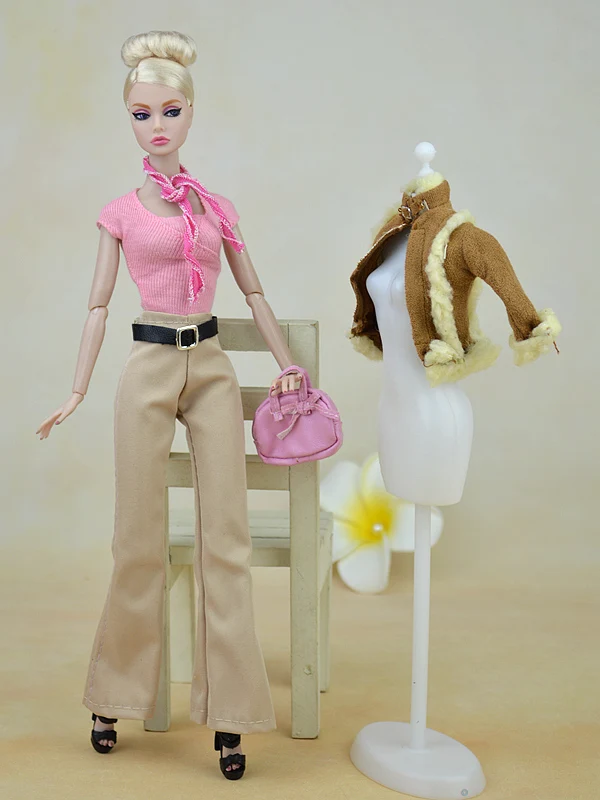 Оригинальная зимняя одежда/коричневое плюшевое пальто розовый топ длинные штаны