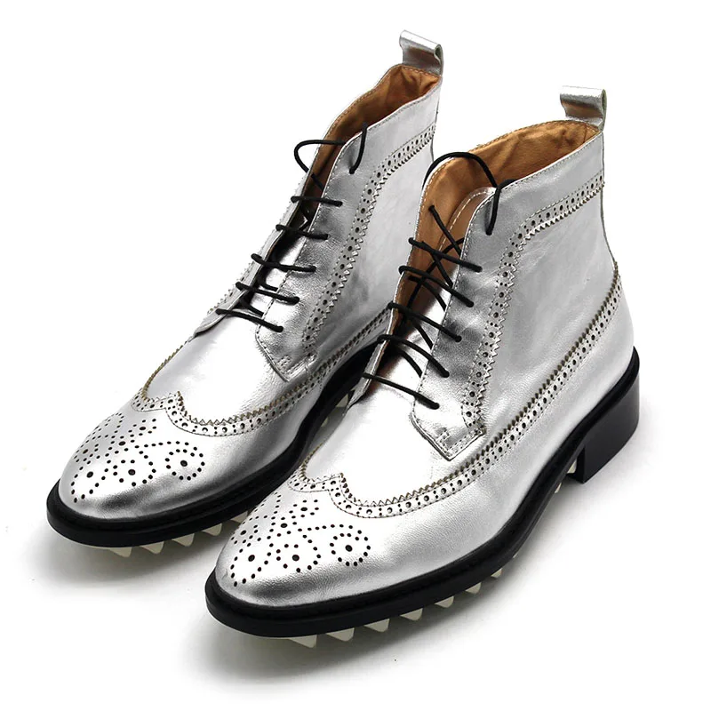 Модные мужские ботинки из серебристой овечьей кожи Подиумные с закрытым носком в