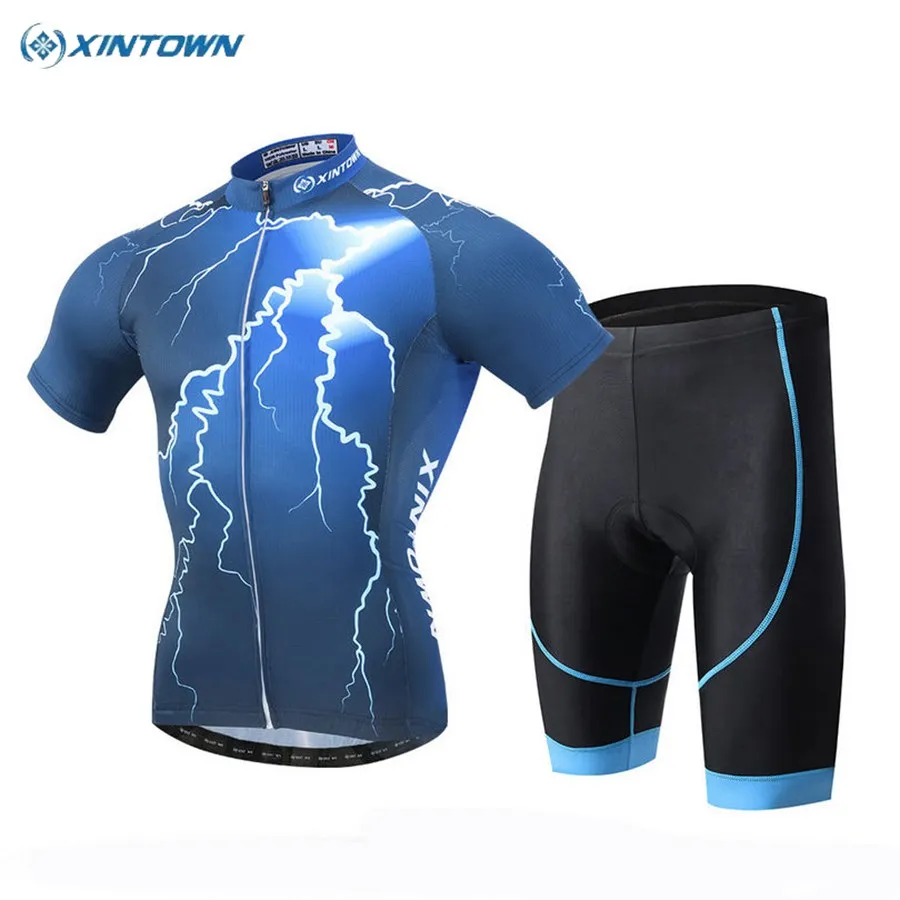 XINTOWN Men blue lightning Bike Team Cycling Jersey Sets Outdoor Roupa Ciclismo bicycle Clothing With Bib Shorts roupa | Спорт и