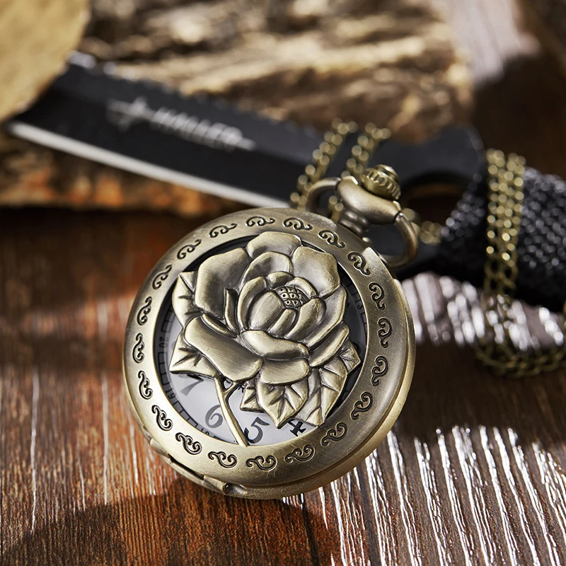 Flower Rose Pocket Watch Fob Clock with Chain Blossom Engraved Clock Men Blossom Bronze Case Watch Vintage Watches for Men Women