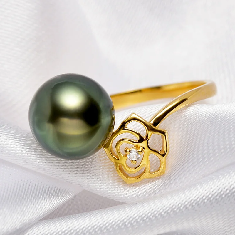 Кольцо с натуральным черным таитянским культивированным жемчугом 10-11 мм