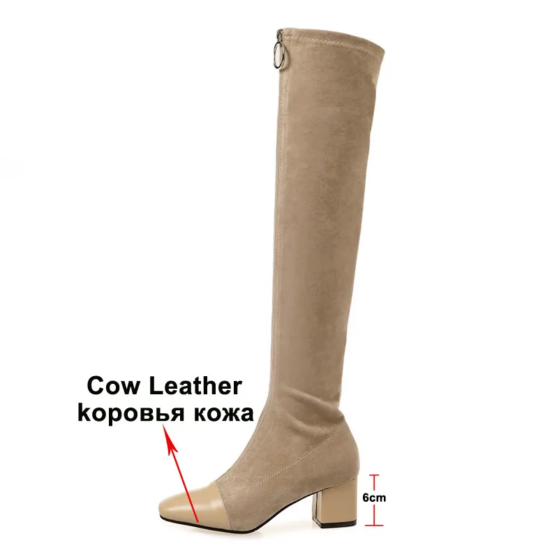 Meotina/зимние сапоги до бедра; женские Сапоги выше колена из натуральной кожи на толстом высоком каблуке; облегающая растягивающаяся обувь; Женская Осенняя обувь; размер 40