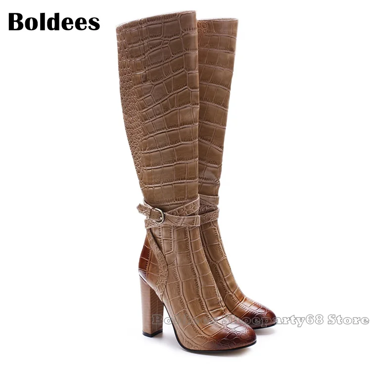 Laddiator Zapatos Mujer 10cm Heeled Alligator Pattern Round Toe Belt Buckle Winter Knee High Boots For Women