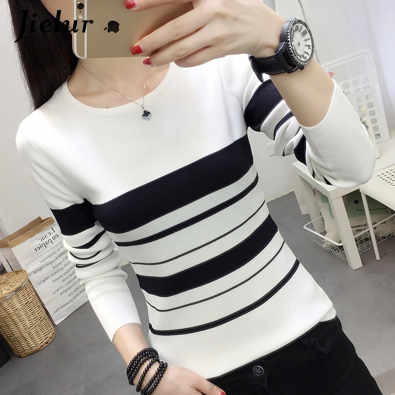 Jielur Korean Sweater Women Long Sleeve Slim White and Black Stripe Pullover Casual Spring Fashion Simple Basic Knitted Sweaters | Женская
