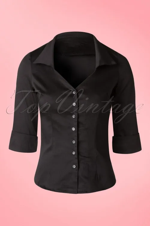 40 Женская винтажная классическая блузка 50s Mona in black pinup складывающаяся рубашка с