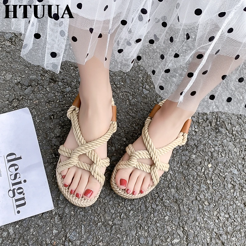 Новинка 2019 женские сандалии HTUUA с плетением из пеньковой веревки летняя обувь