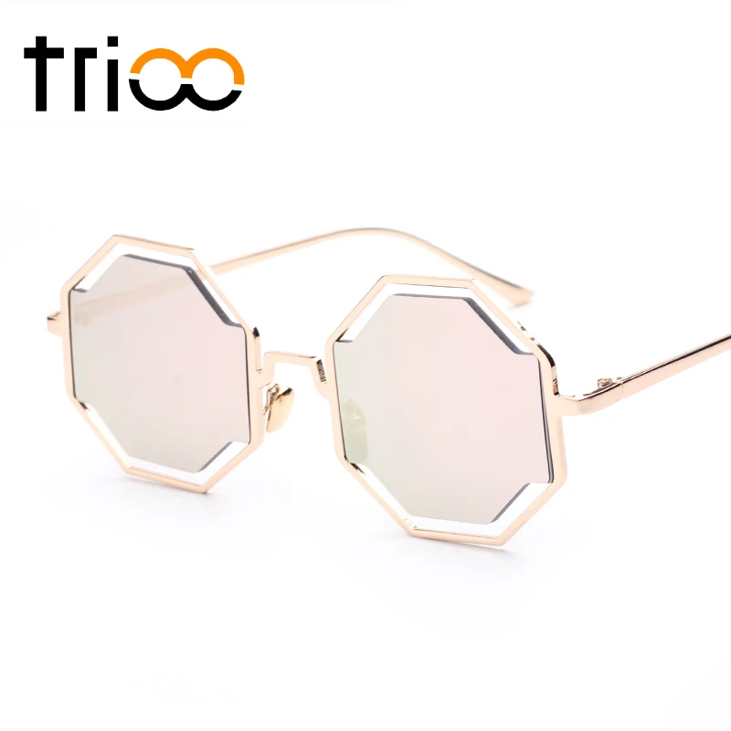 TRIOO Fashion Street Show Polygon солнцезащитные очки металлическая Золотая рамка головоломка дизайн lunette супер крутые плоские круглые пиксельные очки - Цвет линз: 001