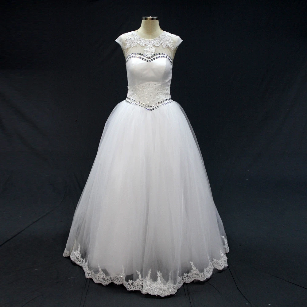 Новый Fashioned Line Свадебное Платье с Кристально О Шеи Белый Casamento Плюс Размер Тюль