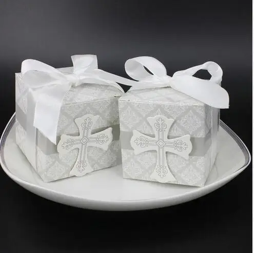 

Cross candy box Christening baby shower Easter party wrap holders with ribbons First Communion gift bag, 50 pcs/lot