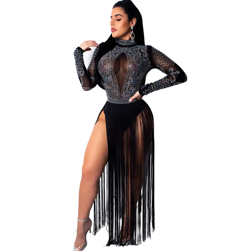 black dress Adogirl/прозрачное Сетчатое платье макси с высоким разрезом и кисточками и бриллиантами, платье-водолазка с длинными рукавами, Длинные вечерние платья для ночного клуба, нижнее белье - Цвет: black dress