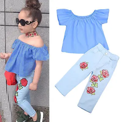 Pudcoco 2018 Toddler Kids Baby Girl Clothes Sets Off Shoulder Butterfly Sleeve Shirt Tops+Long Floral Pants Outfits 2-7Y | Мать и ребенок
