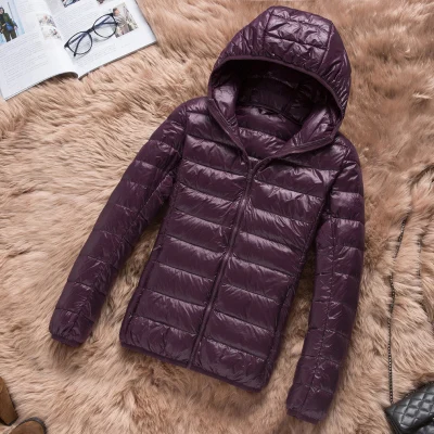 DARK PURPLE hooded Новинка, женский ультра легкий пуховик с капюшоном, зимний походный пуховик на утином пуху, приталенное пальто на молнии с длинным рукавом, теплое пальто - Цвет: DARK PURPLE hooded