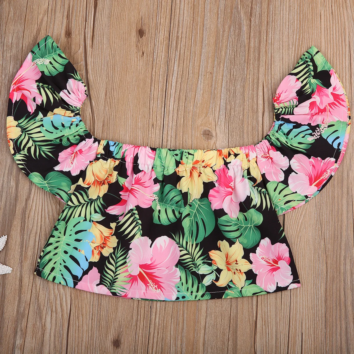 2017 Стильные топы с открытыми плечами для маленьких девочек зелеными листьями и