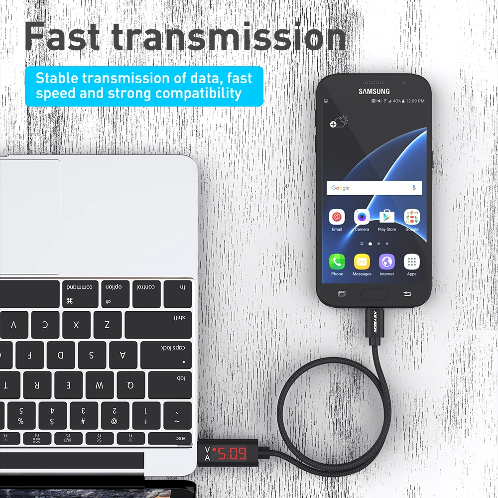 Кабель KEYSION для быстрой зарядки и передачи данных с цифровым дисплеем Micro USB Samsung M30