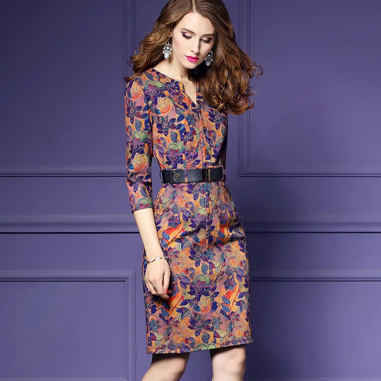 Женское осенне-зимнее элегантное винтажное платье с принтом три четверти рукав