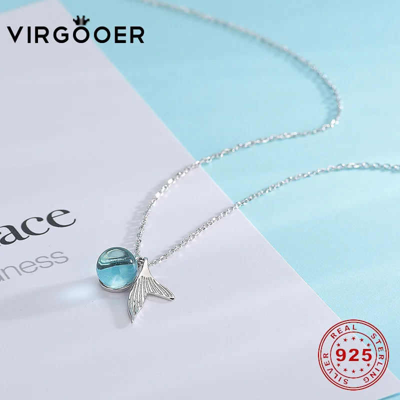 virgooer s925 silver Mermaid Tail Blue Pendant Necklace for women elegant jewelry gift Foam Crystal Necklaces wholesales | Украшения и