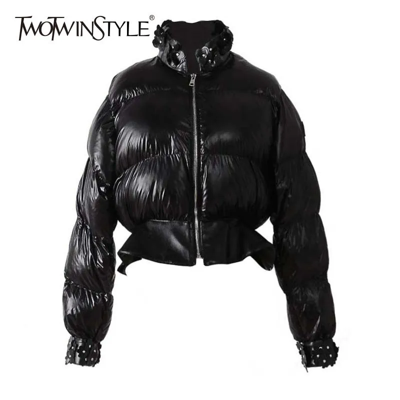 Женский Повседневный пуховик TWOTWINSTYLE черный толстый из искусственной кожи с