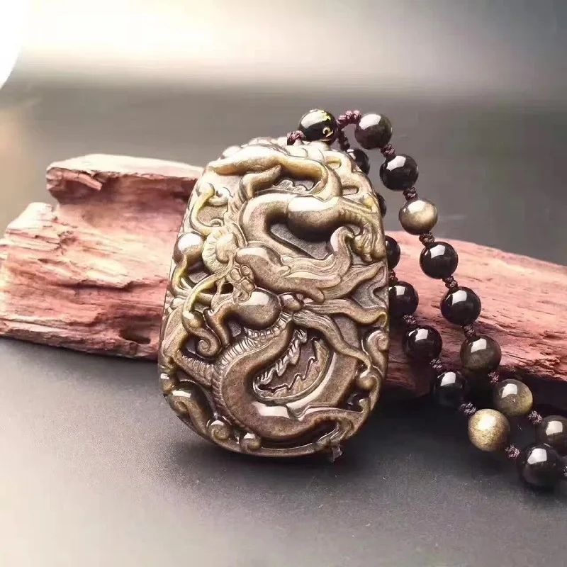 Drop Shipping Carving Chinese Golden A Natural LIUPENG Obsidian Carved Dragon Black Obsidian Necklace Pendant