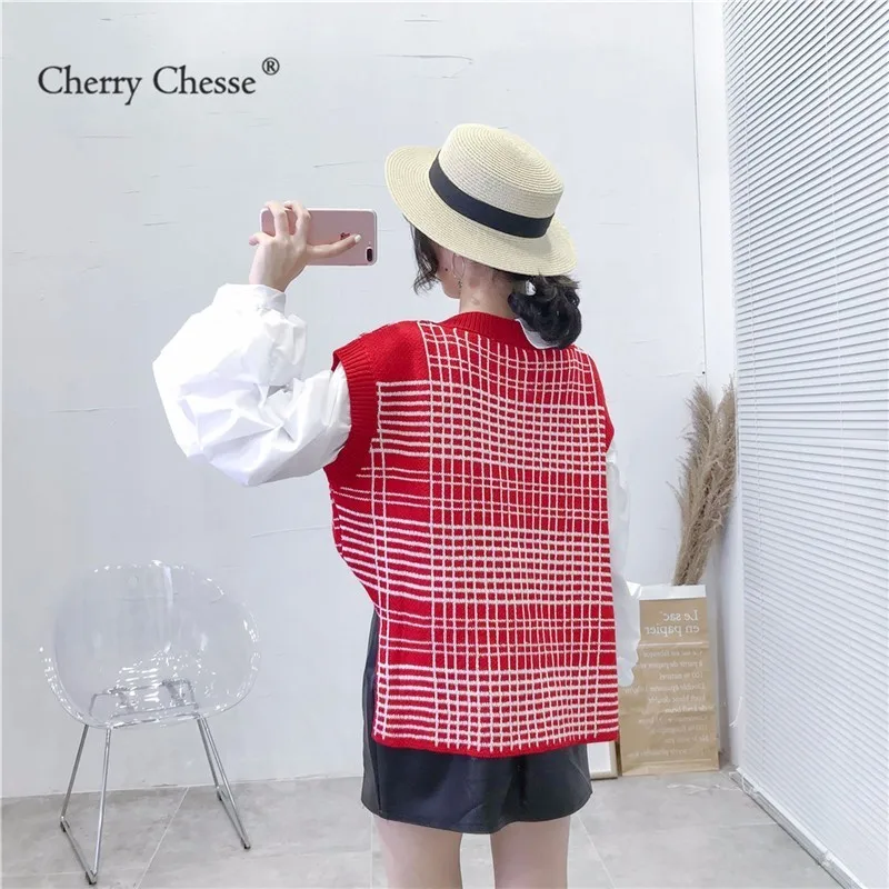 Cherry Chesse Harajuku Лоскутная клетчатая блузка с пышными рукавами Асимметричный Топы