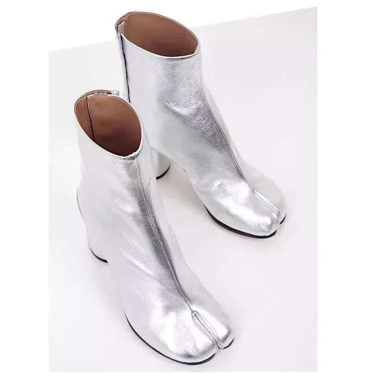 silver Silla/линейки; женские ботильоны из натуральной кожи с разрезом; женские ботинки на не сужающемся книзу высоком массивном каблуке; Mujer; короткие сапоги для мотоциклистов; Zapatos - Цвет: silver