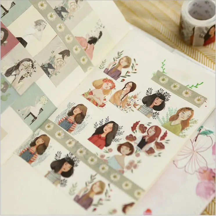 Творческий грусть девочка и цветущие цветы лента для декорации washi DIY планировщик