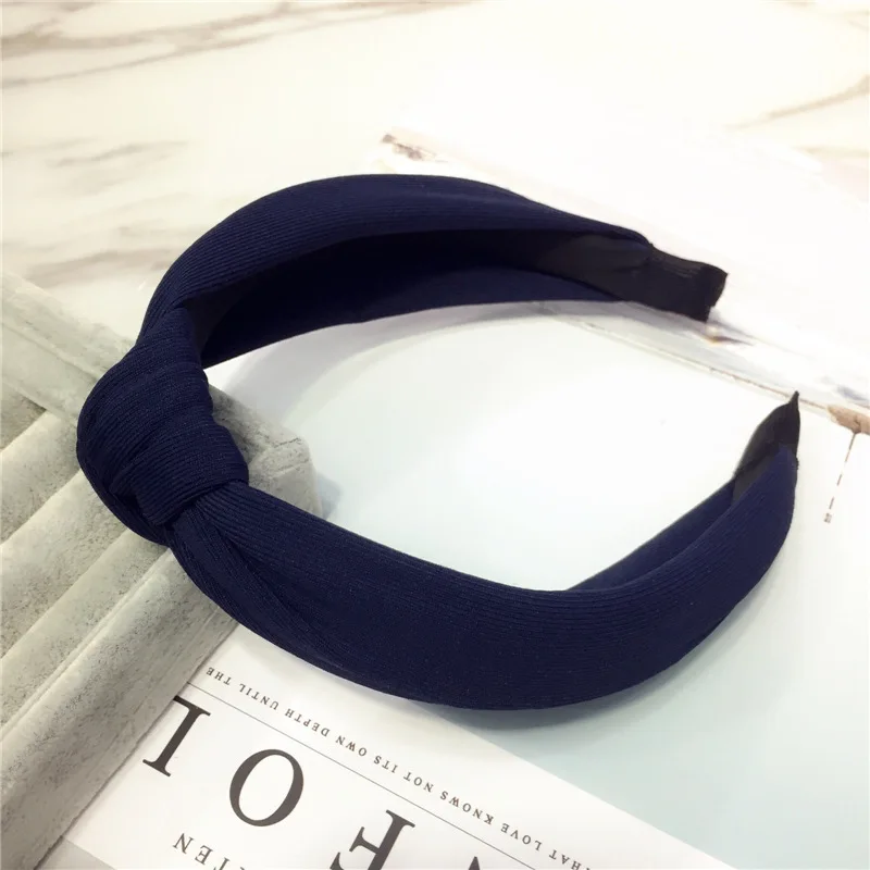 Navy blue Повязка на голову для женщин широкая однотонная мягкая завязанная повязка на голову однотонная хлопковая повязка на голову для женщин Дамский обруч для волос с бантиком аксессуары для волос головной убор - Цвет: Navy blue