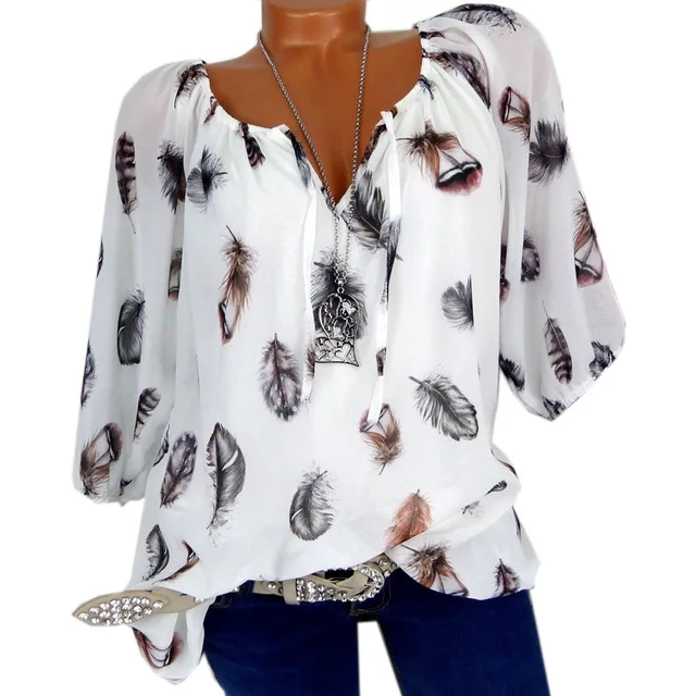 

5XL Plus Large Size New Leisure Blouse Women's Blouses Summer Tops White Loose Feather Print V Neck Half Sleeve Shirts Blusas