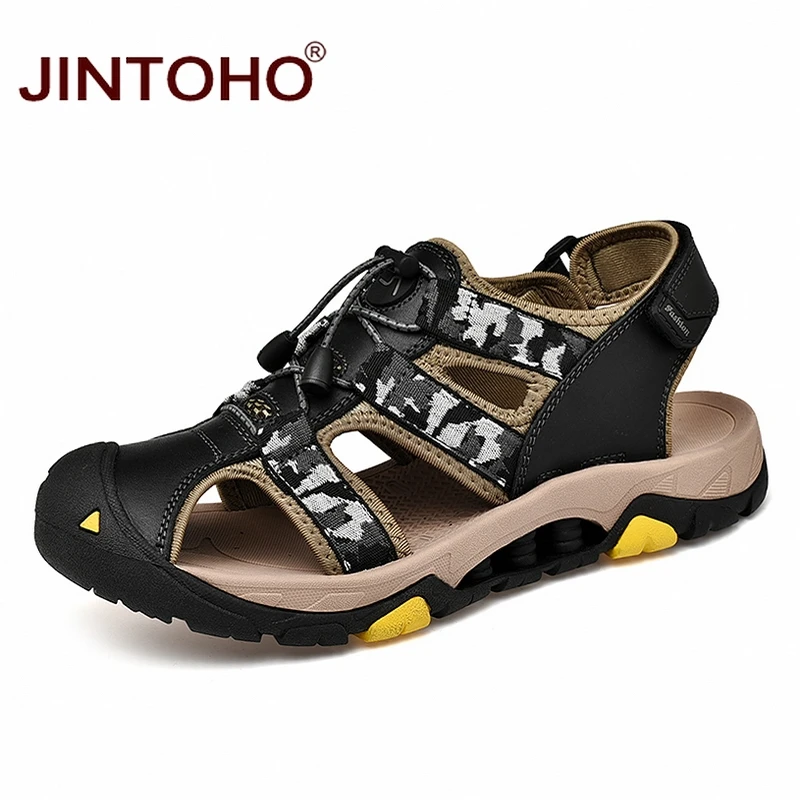 black Лето jintoho/обувь из натуральной кожи; модные мужские кожаные сандалии; летняя пляжная обувь; повседневные мужские сандалии; коллекция года; пляжные сандалии - Цвет: black