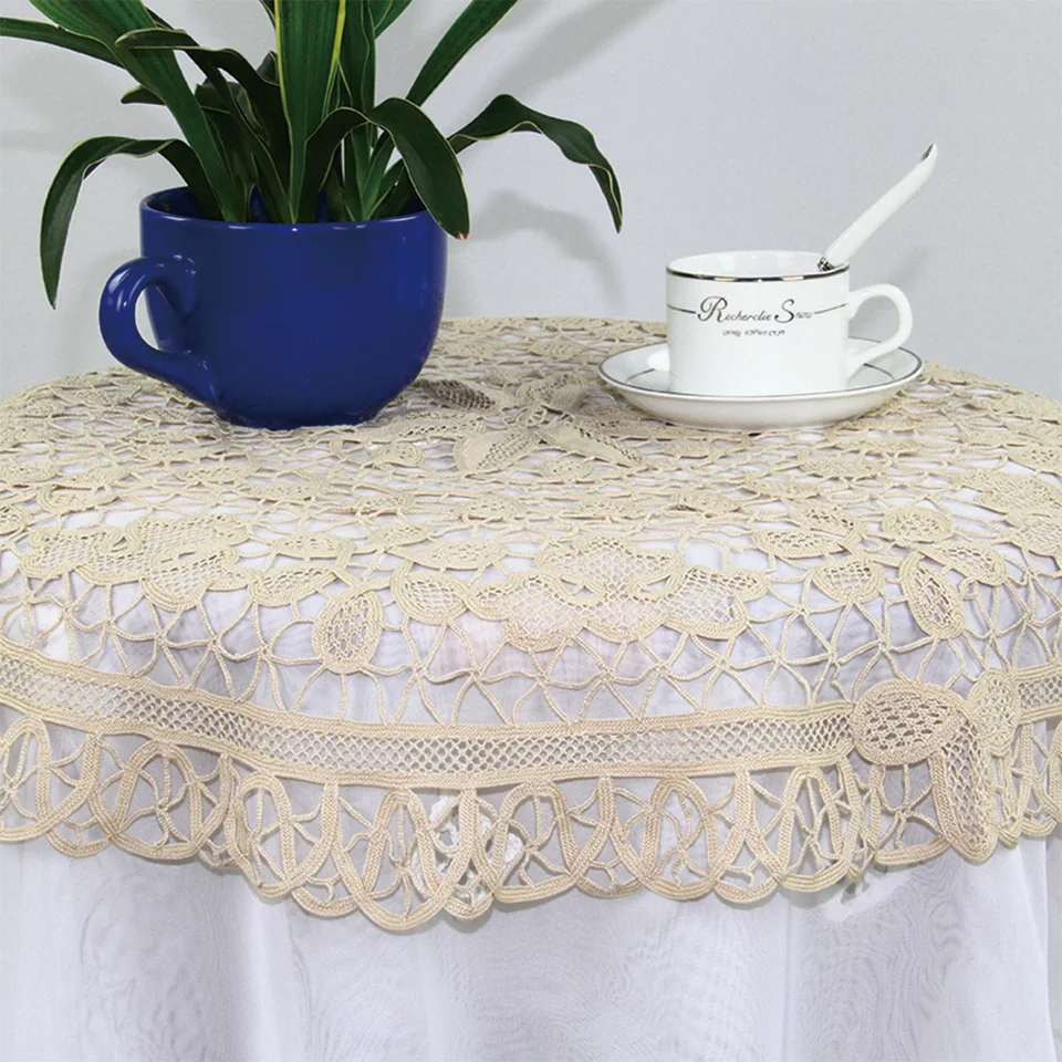 QUNYINGXIU Cotton Tuscany Lace Beige Tablecloth Handmade Classical Wedding Round Table Cover Tabelcloth 28*28 inch = 71*71 cm | Дом и сад