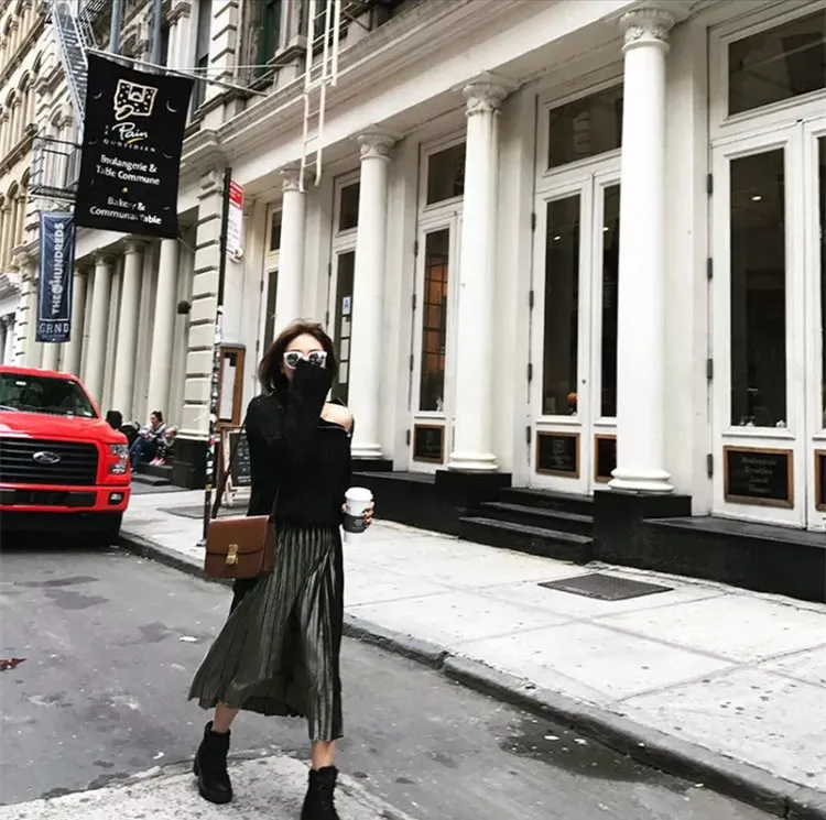 Новый Осень Зима Долго Плиссированные Юбки Женская Высокая Талия Мода Блестящий