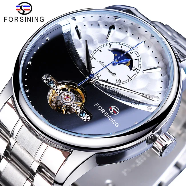 S1150-6 Forsining, мужские часы, автоматические, золотые, защита от солнца, фаза Луны, стальной ремешок, турбийон, черный, белый, с лицом, деловые, механические, Reloj Hombre - Цвет: S1150-6