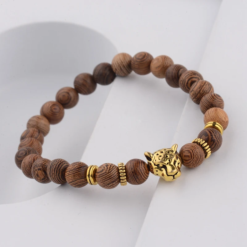 Men's Strand Bracelets Elastic Band Leopard head Wooden Beads Silver Color Buddha Beaded | Украшения и аксессуары