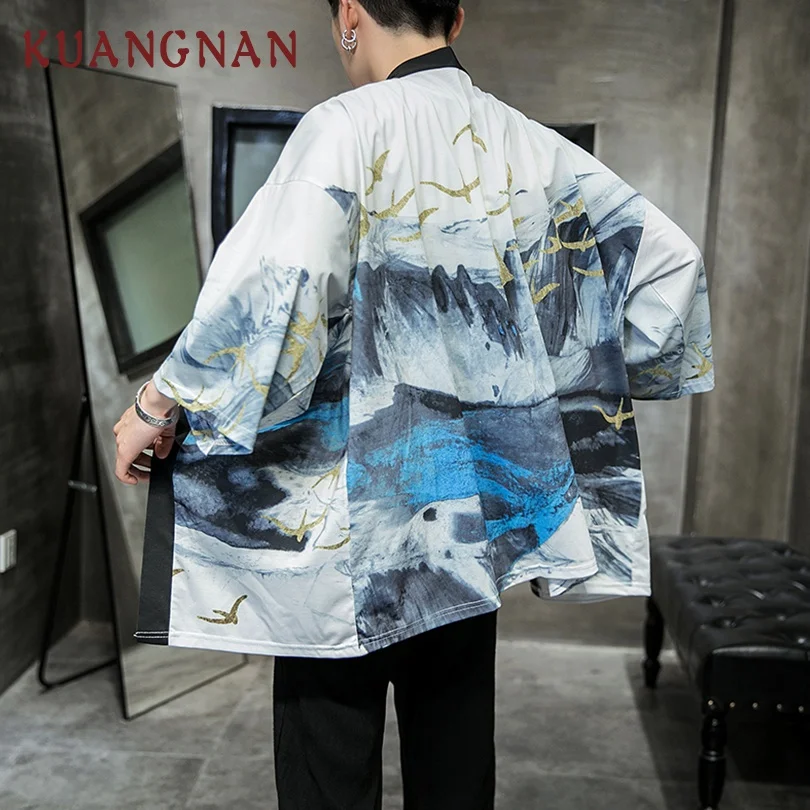 KUANGNAN Wild Goose Print Kimono Men Japanese Kimono Cardigan Harajuku Kimono Shirt Men Streetwear Hawaiian Shirt Men