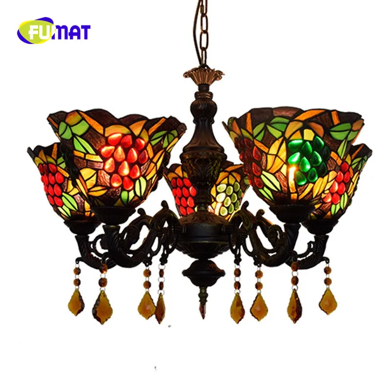 

FUMAT European Creative Dragonfly Tiffany Stained Glass Living room Dining room bedroom bar Grape 5 Crystal chandelier