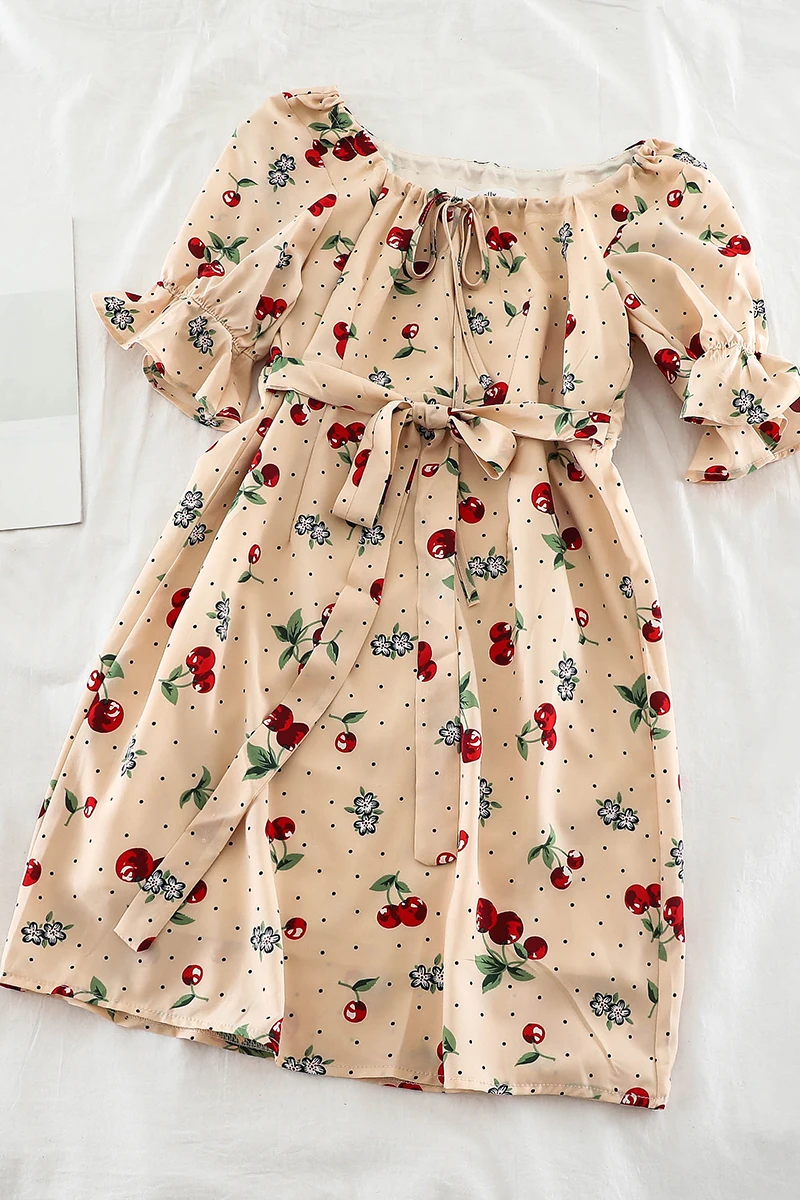 2019 новые модные женские платья свежие летние drawstring ремни лук Круглый воротник