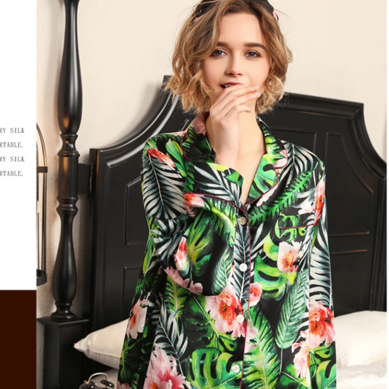 Heavy Silk Pajama Female Spring Autumn Sexy Real Silk Sleepwear Fashion Printed 100% Silkworm Silk Woman Pyjama Sets T8190