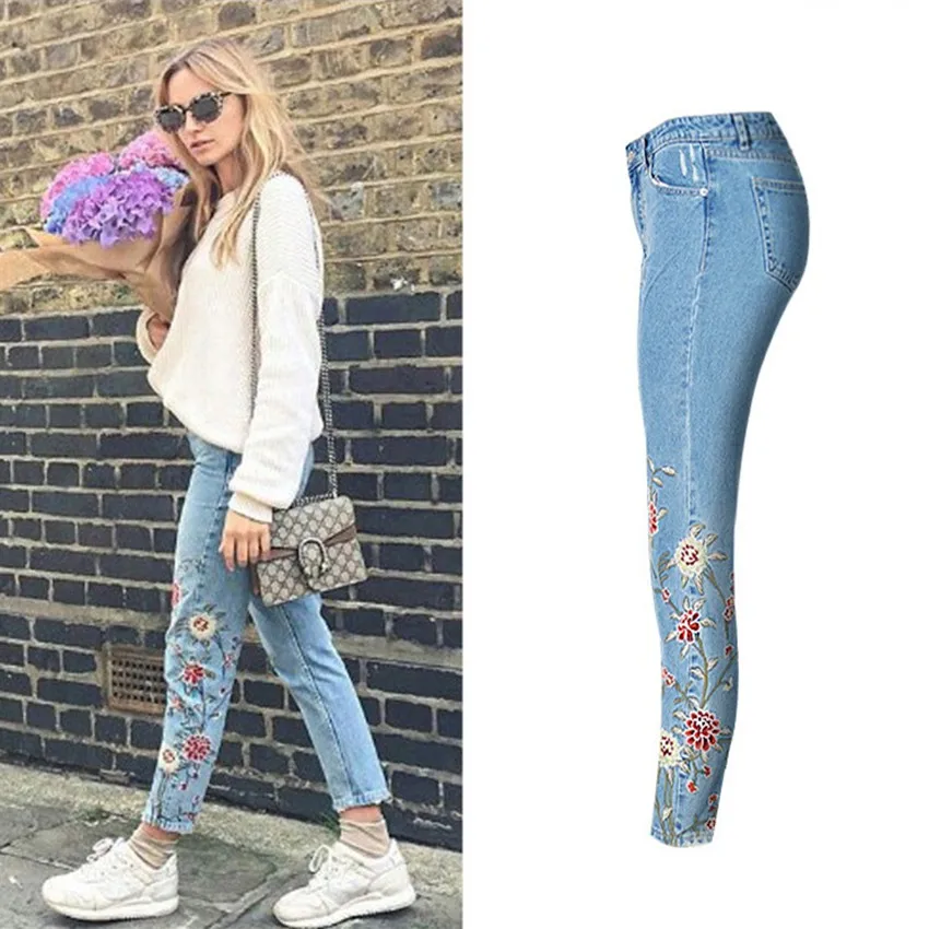 2018 женская одежда Высокая талия 3D Цветочная вышивка потертые джинсовые брюки