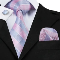 c 1198 fashion silk jacquard tie light blue pink plaid tie hanky cufflinks set ties for men business wedding party