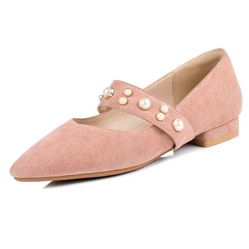 pink Элегантные повседневные туфли мэри джейн с жемчугом женские туфли на низком каблуке с острым носком на плоской подошве, большие размеры 42, 43, черный, бежевый, розовый - Цвет: pink