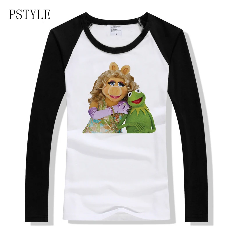Spring Women's Tshirt Cartoon Kermit The Frog and Miss Piggy Printed Funny T Shirts Cute Raglan Sleeve Design Novelty Camisetas | Женская