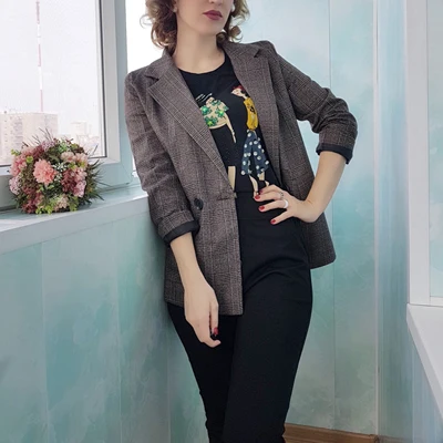 XL, XXL, 3XL, 4XL, 5XL, осень размера плюс, клетчатый блейзер для женщин, формальный свободный пиджак, пальто, офисный женский костюм с длинным рукавом, блейзер серого цвета - Цвет: Coffee