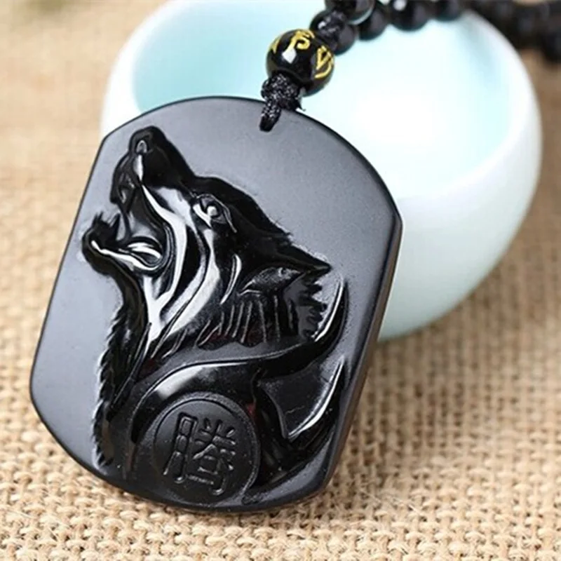 Прямая поставка черный обсидиан гравировка головы волка обдидиановый амулет