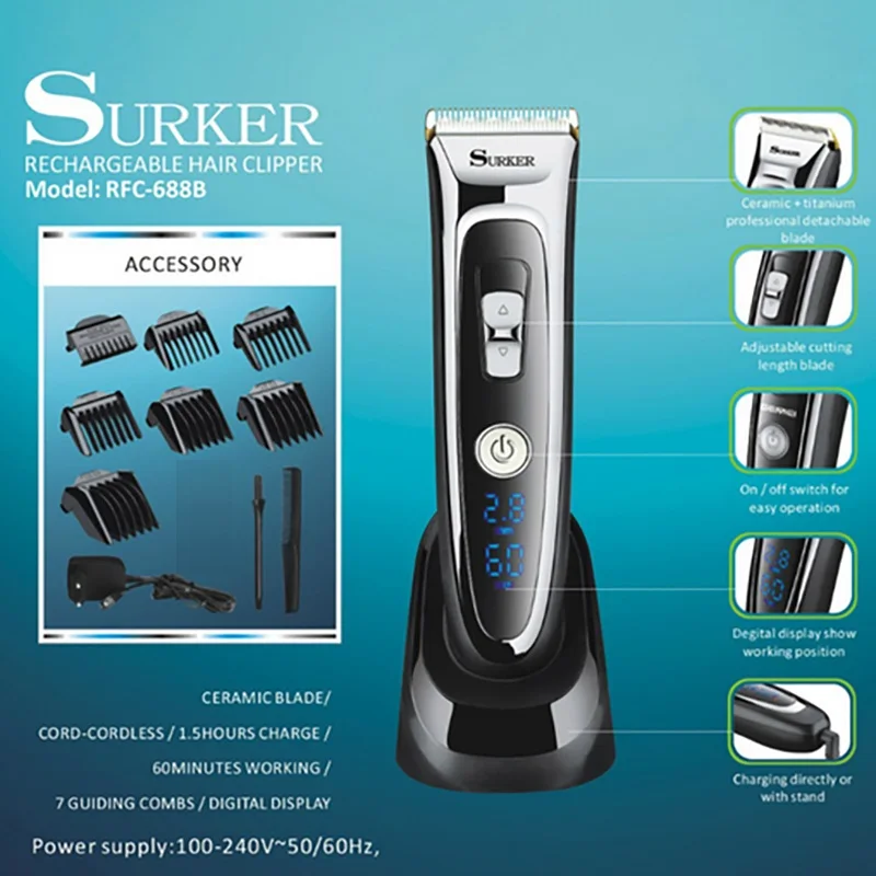 SURKER RFC-688B Перезаряжаемые для стрижки волос, триммер для волос, машинка для стрижки с светодиодный Дисплей бесшумный Керамика Ножи Быстрая зарядка стрижка машина штепсельная вилка европейского стандарта