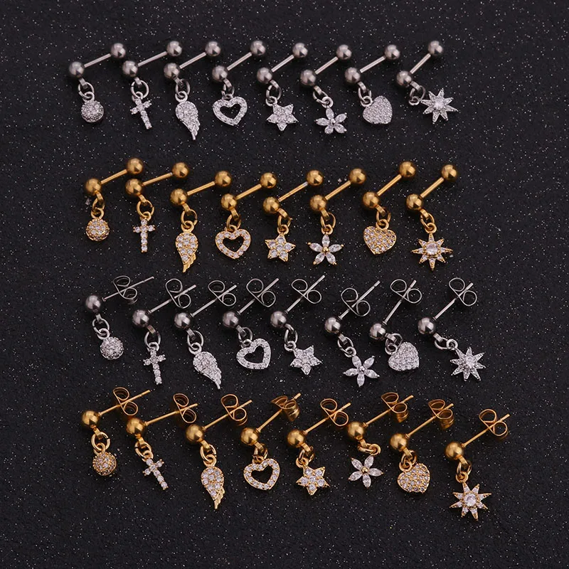 1 шт. спиральный для хряща с подвеской-бабочкой и колокольчиком кристаллом из