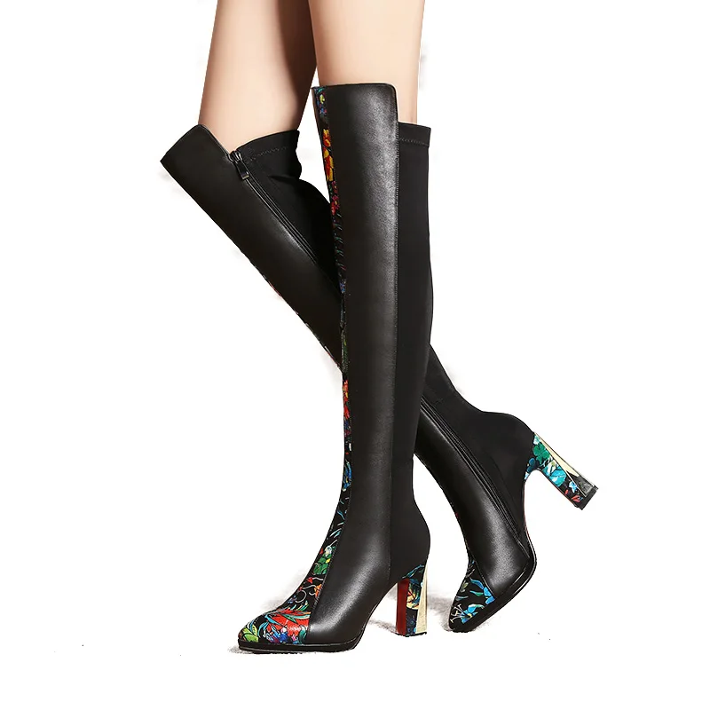 

JK 2018 Brand Design Over the Knee Boots for Women Cow Leather Ethnic Floral Print Thigh High Winter Boots High Heels Zipper