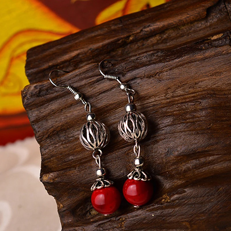 Этнические серьги-капли висит для женщин красный шарик из натурального камня