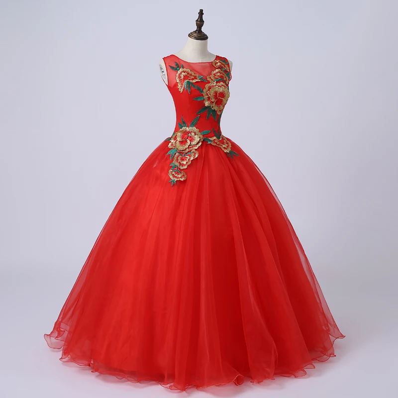 Quinceanera/красное роскошное бальное платье с цветочной вышивкой яркие цвета